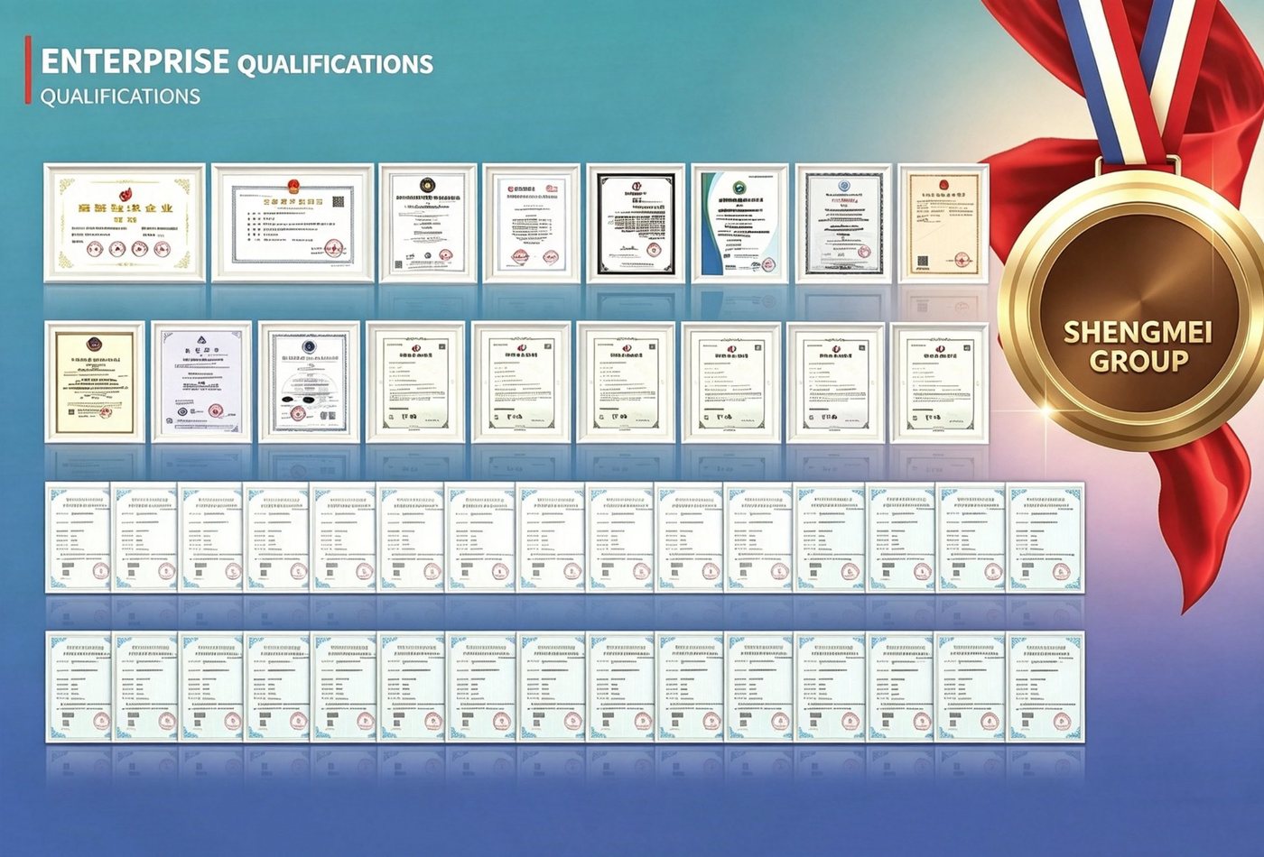 Shengmei enterprise qualifications wall &mdash; National High-Tech Enterprise, patents, ISO certifications and export authorisations