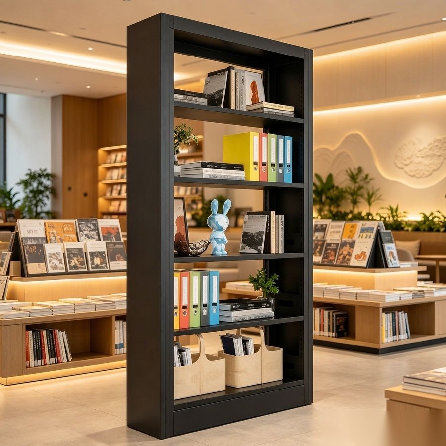 Steel Bookshelves matte black in bookstore