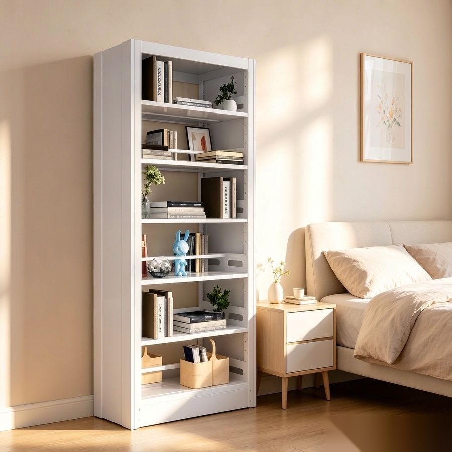 Steel Bookshelves in cozy bedroom